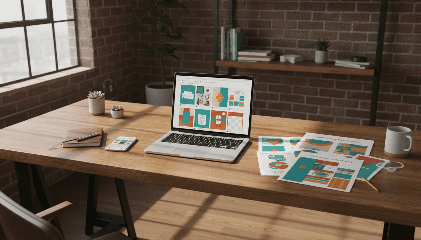 Creative workspace with social media content layouts and design mockups